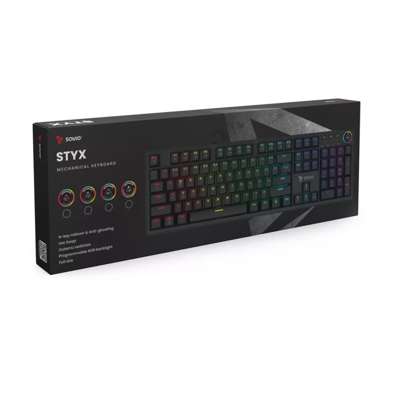 Mänguklaviatuur SAVIO STYX BROWN — mehaaniline Outemu Brown, QZERTY US International, RGB, USB, täissuuruses 104 klahvi, must