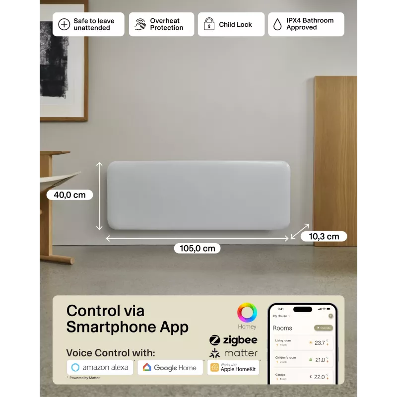 Mill Invisible Smart WiFi Heater | PA2000WIFI4 | Paneelküttekeha | 2000 W | Sobib ruumidesse kuni 24–28 m² | Valge | IPX4