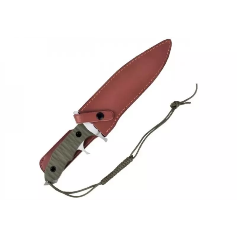 Fikseeritud nuga cinema classic CC-H5 Rambo V — Ellujäämisnuga, terasest tera 230 mm, kogupikkus 385 mm, polümeerist roheline käepide, nahast ümbris