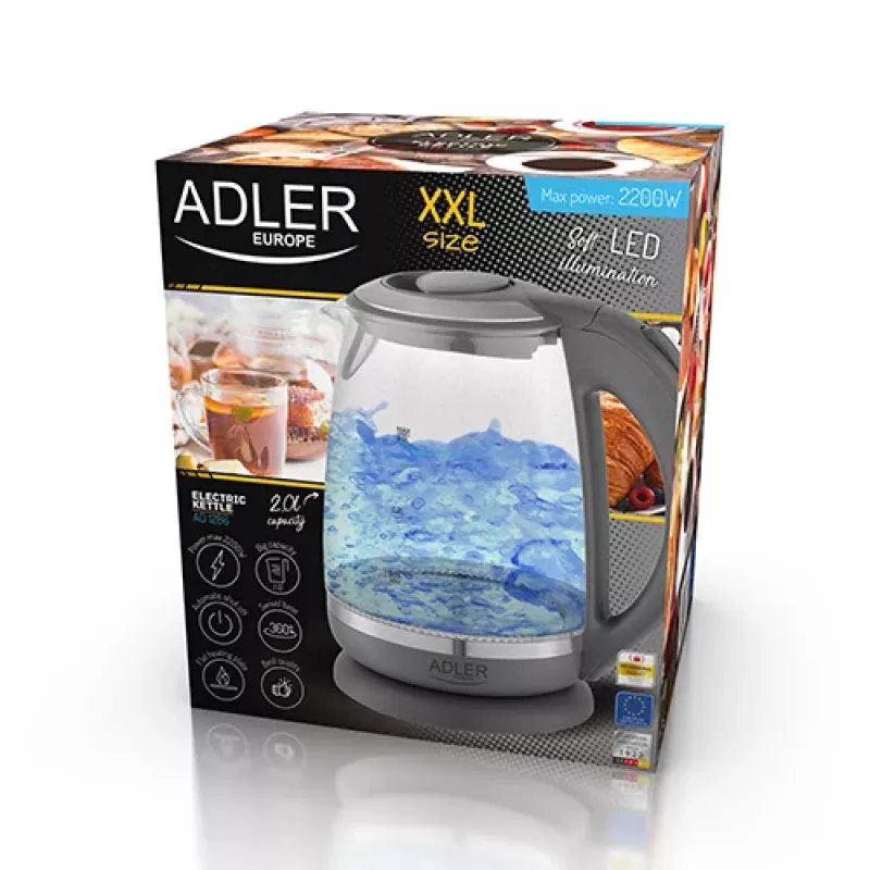 Adler | Veekeetja | AD 1286 | Standard | 2200 W | 2 L | Plast/Klaas | 360° pöörlev alus | Hall/läbipaistev