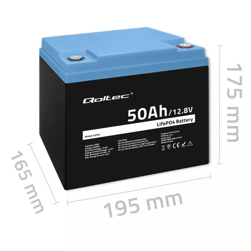 LiFePO4 aku QOLTEC 12,8 V 50 Ah (mudel 53704) varutoiteks ja energia salvestamiseks