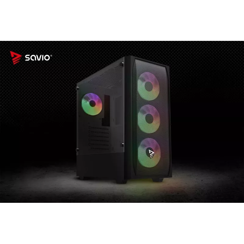 Arvutikorpus SAVIO Noctis Flow RGB — Kuubik, ATX/Mini-ITX, 3x 120 mm esiventilaatorit, karastatud klaasist külg, max GPU 35 cm