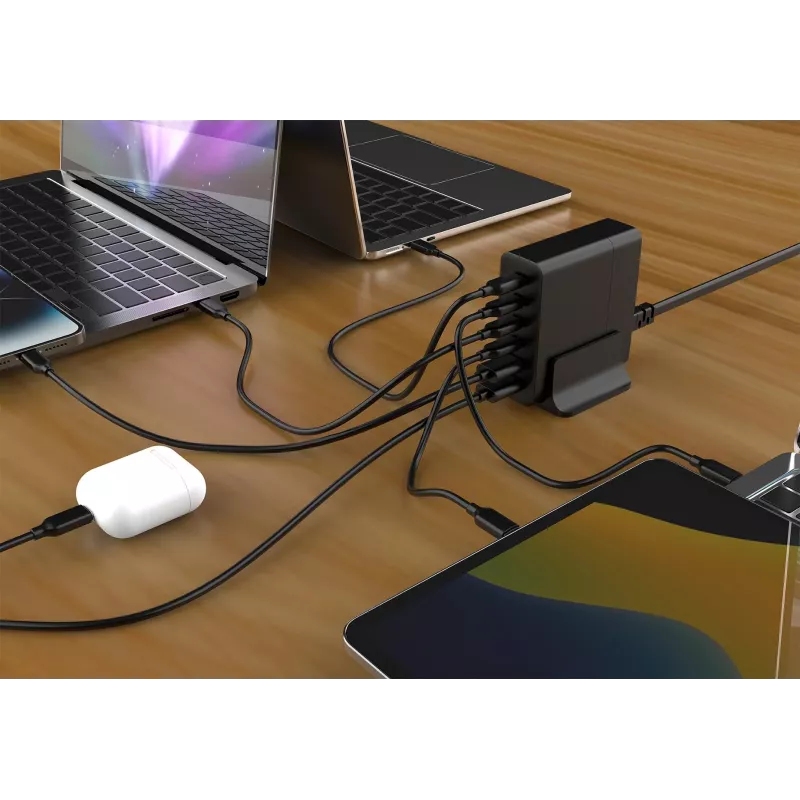 GEMBIRD mobiilseadme laadija TA-UC-2A4C-PD75-01-BK — 75 W, 4× USB-C + 2× USB-A, PD ja QC3.0, 6 seadme samaaegne laadimine, 1,5 m kaabel, must