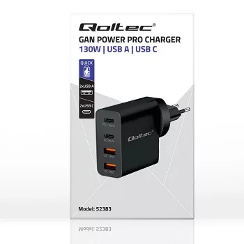 Qoltec GaN POWER PRO Laadija | 2xUSB-C | 2xUSB | 130W | 5-20V | 1.5-5A | XP | Must