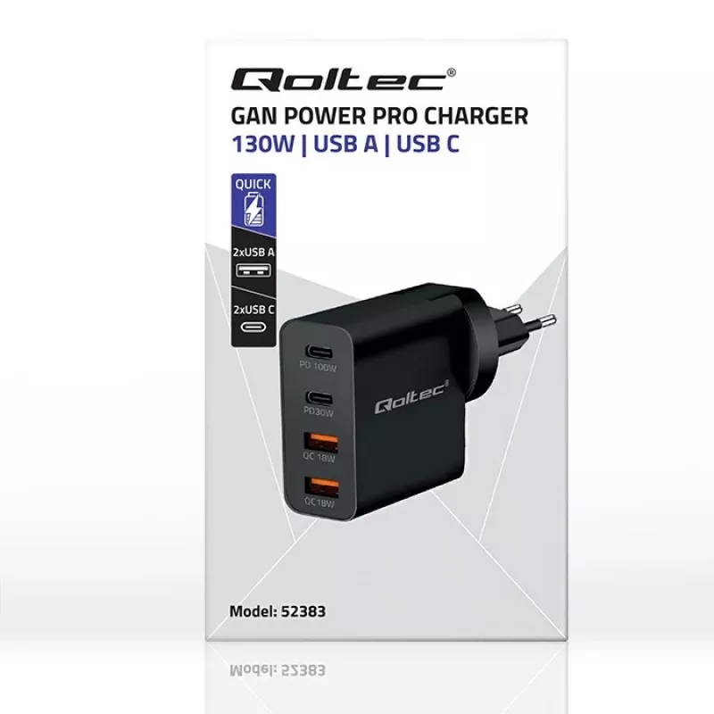 Qoltec GaN POWER PRO Laadija | 2xUSB-C | 2xUSB | 130W | 5-20V | 1.5-5A | XP | Must