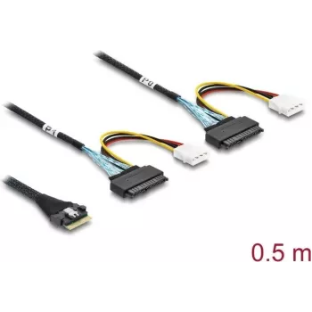 DELOCK PCIe 4.0 õhuke SAS-kaabel SFF-8654 8i kuni 2× U.2 SFF-8639 pistikupesa koos toitepistikuga 0,5 m