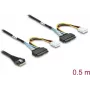 DELOCK PCIe 4.0 õhuke SAS-kaabel SFF-8654 8i kuni 2× U.2 SFF-8639 pistikupesa koos toitepistikuga 0,5 m