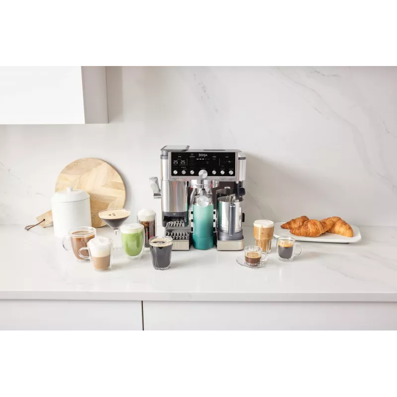 Espressomasin Ninja ES701EU — poolautomaatne kohvi/espresso, sisseehitatud veskiga, 2 L veepaak, 1650 W, 25 veski seadistust, piimapaak, 14 baari pump