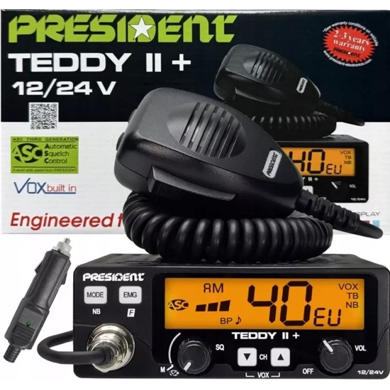 CB-raadio President Teddy II+ — 40 kanalit, 4 W TX, 12/24 V, mürasummuti, 125×125×45 mm