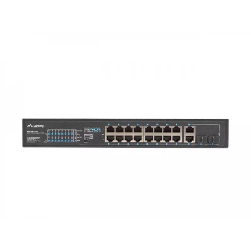 Haldamatu lüliti LANBERG RSFE-16P-2C-250 — 18-port Gigabit, 16x PoE+ (30W), 2x SFP, 250W, 1U, metall, riiulipaigaldus