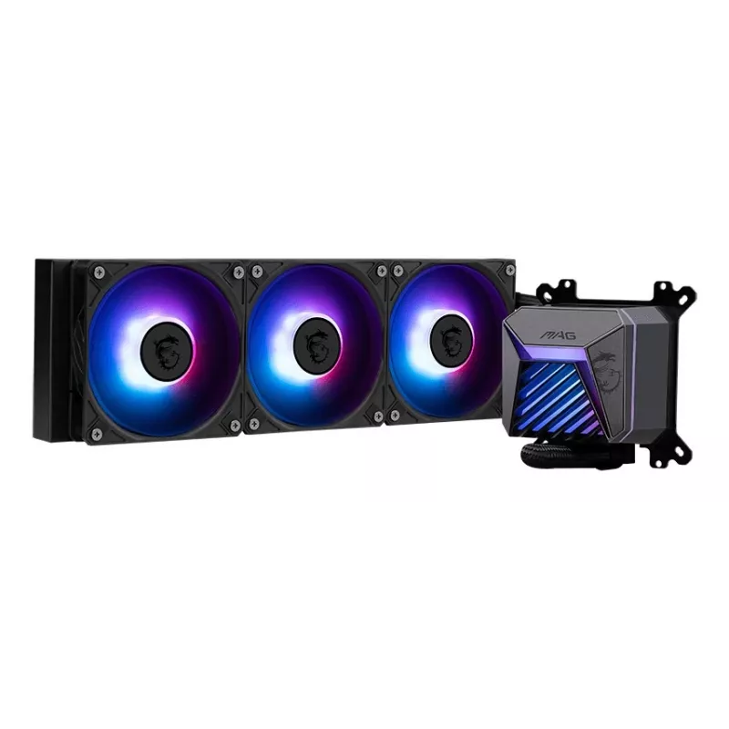 All-in-one vedelikjahuti MSI MAG Coreliquid A15 360 — 3x 120 mm ventilaatorit, radiaator 394 x 120 x 27 mm, pump 5V, RGB, toetab LGA 1851