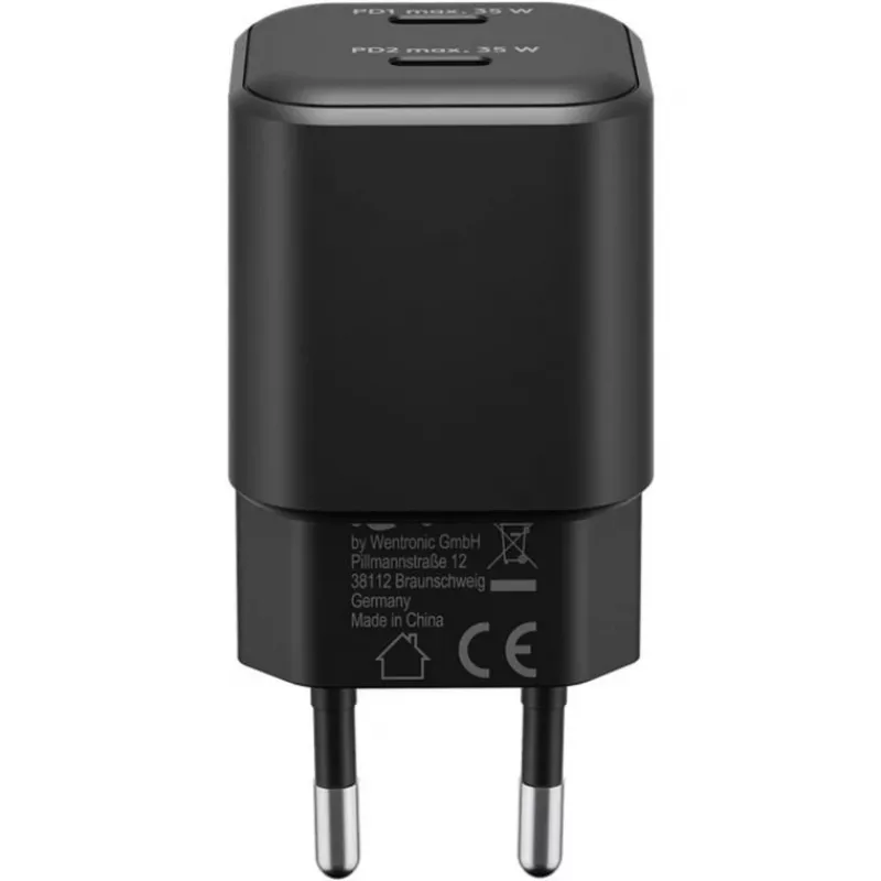 Seinalaadija GOOBAY 75333 — universaalne siseruumide AC USB-C laadija, 2x USB-C, 35 W, must