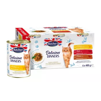 Märg kassitoit Butcher's Delicious Dinners Meaty selection tarrendis 6×400 g — täiskasvanud, teraviljavaba, kana, 82% niiskust