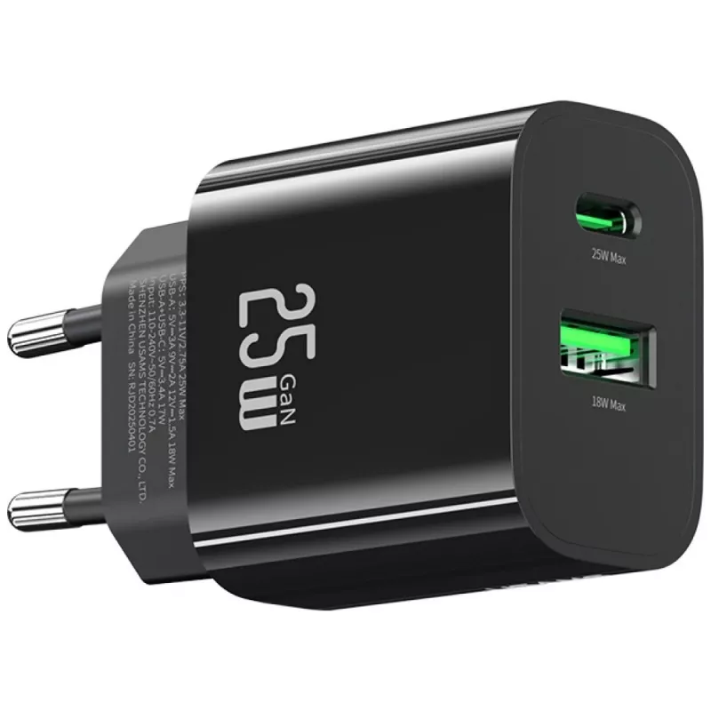 USB-laadija usams USA001629 25 W 1×USB-C + 1×USB-A kiirlaadimine