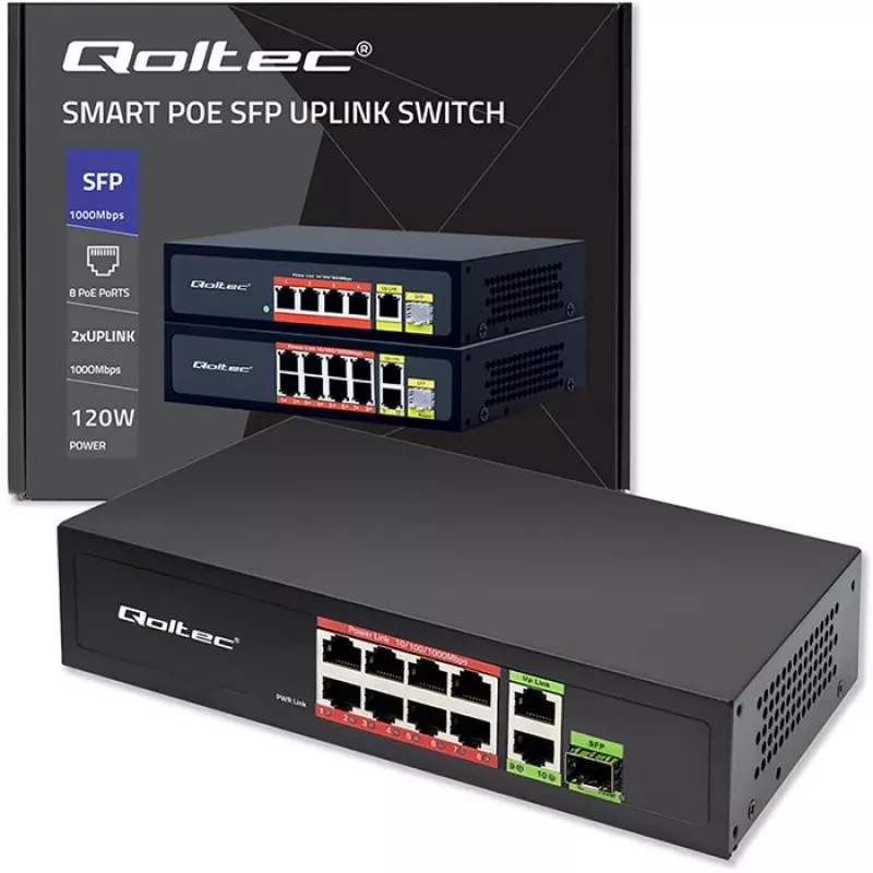 Etherneti kommutaator QOLTEC 52297 PoE RJ45 koos PoE üleslingi ja SFP-pordiga