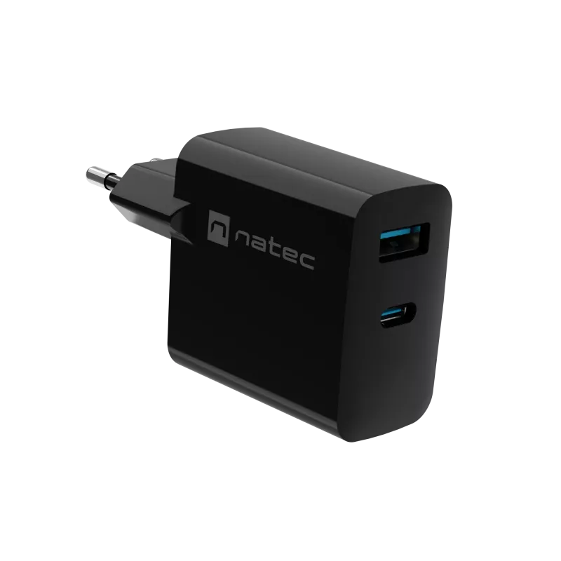 Juhtmega mobiilseadme laadija NATEC NUC-2145, 65W, USB-C PD 3.0 + QC 3.0, 1x USB-C, 1x USB-A, 110–240 V, must