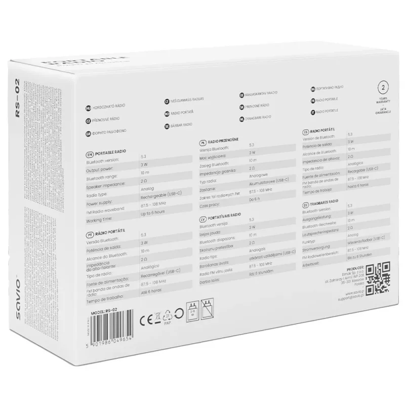 Kaasaskantav raadio SAVIO RS-02 — analoog-FM-tuuner, Bluetooth 5.3, USB-toide, 3 W, valge
