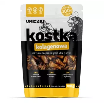 Koerte närimismaius UNISZKI kollageenikuubik 100 g — ühe koostisosaga kana, liigeste tugi, treeningmaius
