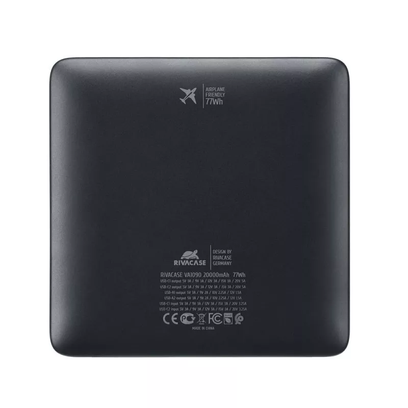 Akupank Rivacase VA1090 — 20000 mAh, 77 Wh, koguväljundvõimsus 100 W, 440 g