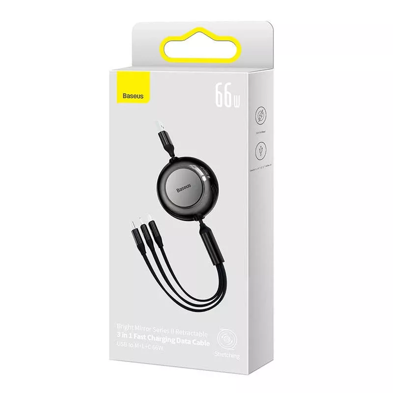 USB 3-ühes kaabel Baseus Bright Mirror — mikro-USB, USB-C, Lightning, 66W, 1,1 m
