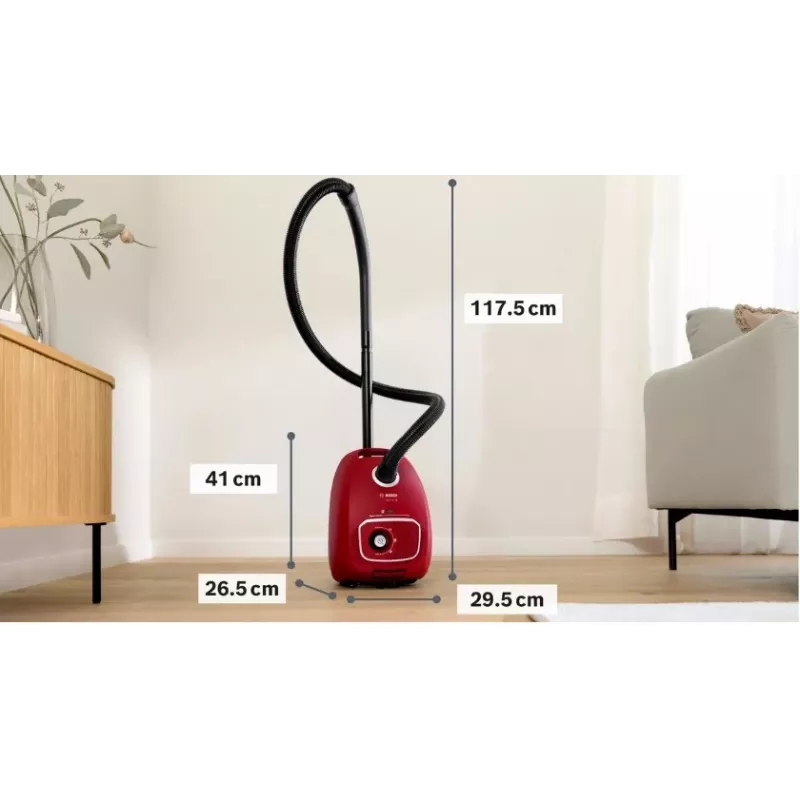 Tolmuimeja Bosch BGB 41RD3H — 600 W, 4 L tolmukott, HEPA filter, 11 m tööraadius, teleskooptoru, punane