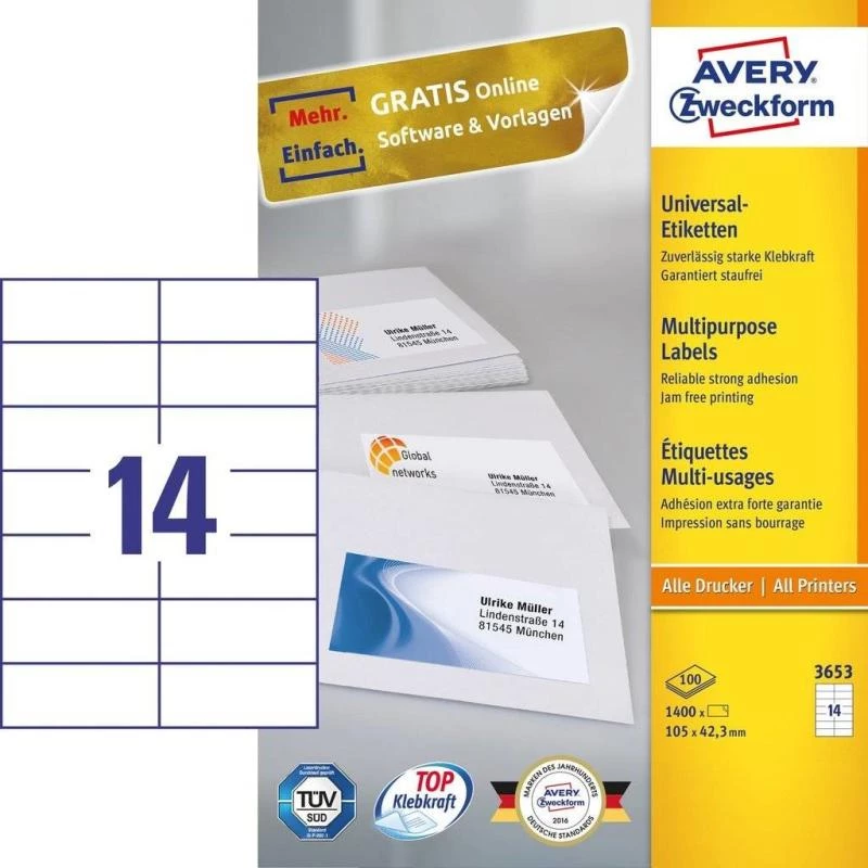 Avery 3653 isekleepuv silt Ristkülik Püsivalt kinnituv Valge 1400 tk