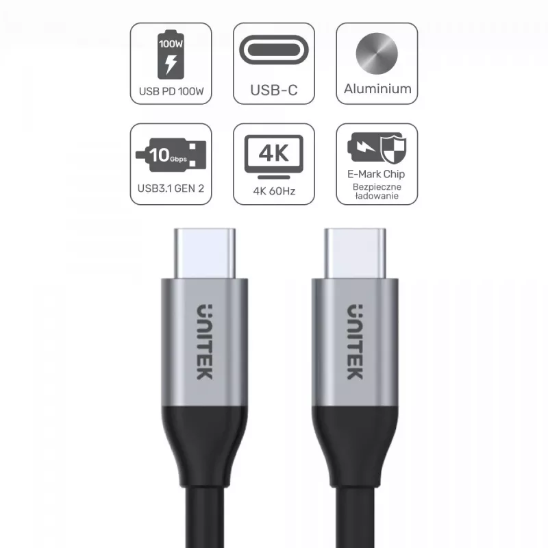USB-C–USB-C andme- ja laadimiskaabel Unitek C14082ABK 1 m, USB 3.2 Gen 2 (10 Gbit/s), 100 W PD, must