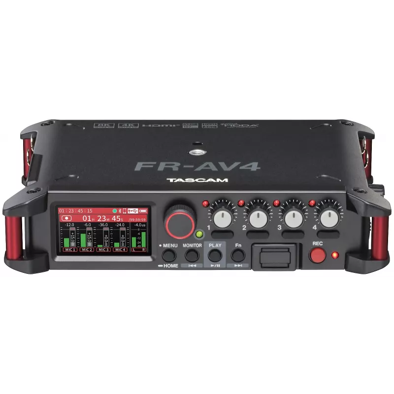 Kaasaskantav helisalvesti Tascam FR-AV4 — 6 kanaliga, 4 XLR kombosisendit + 2x 3,5 mm sisendit, 24/32-bitine, 48/96/192 kHz, MicroSD kuni 512 GB, USB-C, PD