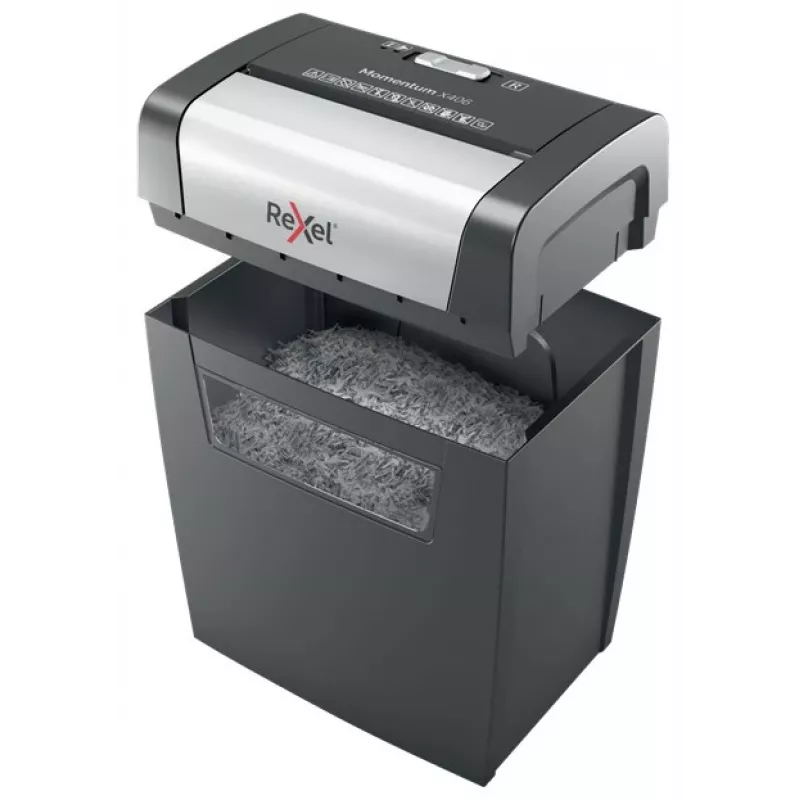 Rexel Momentum X406 ristlõikega paberipurustaja P4, osakesteks lõikav purustamine, 4 x 28 mm, 15 L, 125 lehte, 70 dB, nupud