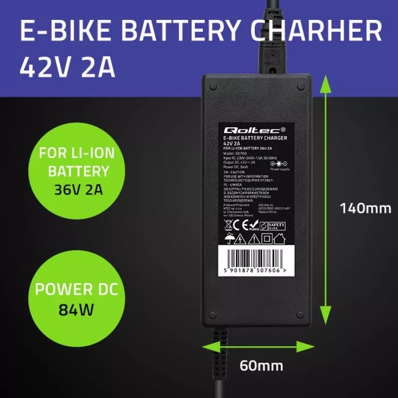 Qoltec 50760 Laadija e-jalgratta akudele 36V | 42V | 2A | 5,5*2,1