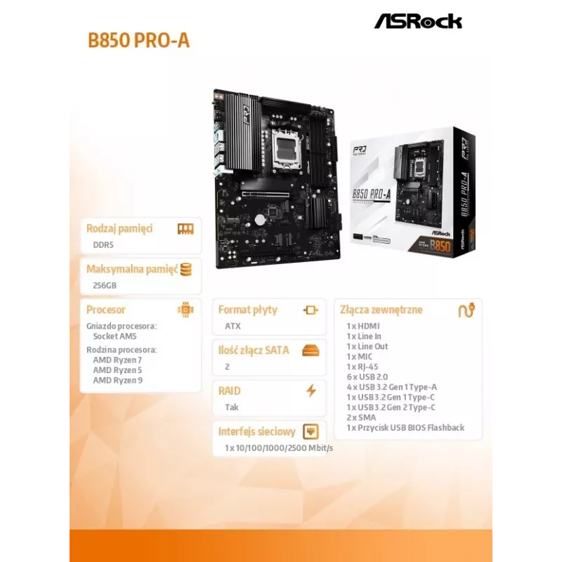 ASRock B850 Pro-A AM5 ATX emaplaat