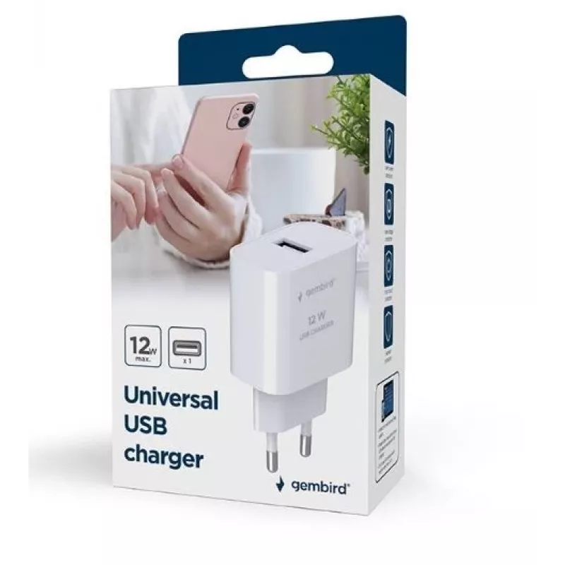 Mobiilseadme laadija GEMBIRD TA-UC-1A12-01 5V 2.4A 12W USB PD, 1 port, Valge