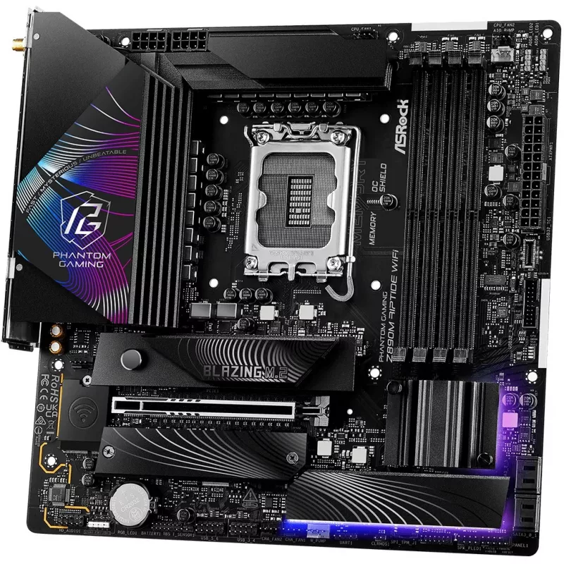Emaplaat ASRock Phantom Gaming Z890M Riptide WiFi — Intel Z890, LGA1851, microATX, DDR5, 4x DIMM, 256 GB, Wi‑Fi 6E, 2,5Gb LAN