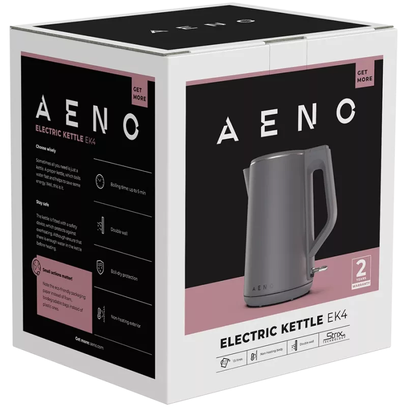 AENO Elektriline veekeetja EK4: 1850-2200W, 1,5L, Strix, topeltseinad, mittekuumenev korpus, automaatne väljalülitus, kuivkeevituskaitse