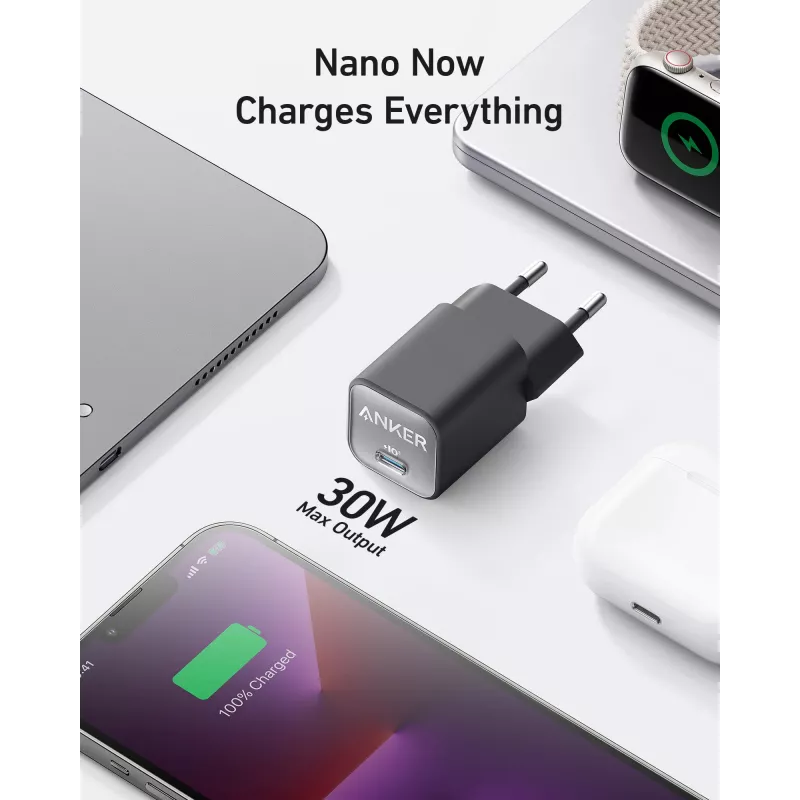Sisemaine vahelduvvoolu laadija Anker 511 Nano 3 — 30 W, 1× USB-C, 100–240 V, must