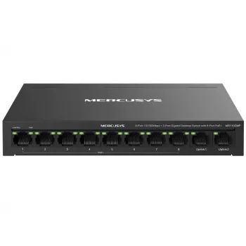 Võrgukommutaator MERCUSYS MS110CMP — 8-pordiline PoE, 10 Gigabit RJ‑45 porti kokku, 115 W PoE-eelarve, laua-/seinale paigaldatav, must