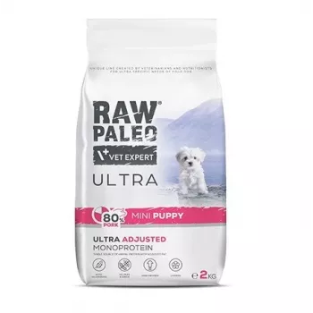 Kuiv koeratoit VETEXPERT RAW PALEO Ultra Mini Puppy Pork 2 kg — täisväärtuslik sööt kääbus- ja väikest tõugu kutsikatele, 33% valku, 19% rasva