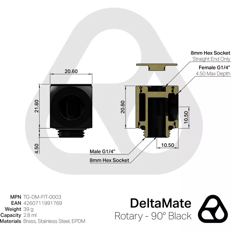 Thermal Grizzly DeltaMate Rotary 90° – vesijahutuse liitmik, must, 1 tk (TG-DM-FIT-0003)