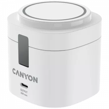 Canyon 4-in-1 juhtmeta laadimisalus, max 30W, mõõdud: 70x70x70.3mm, kaal: 414g, koos 65W laadija ja 1M kaabliga, valge