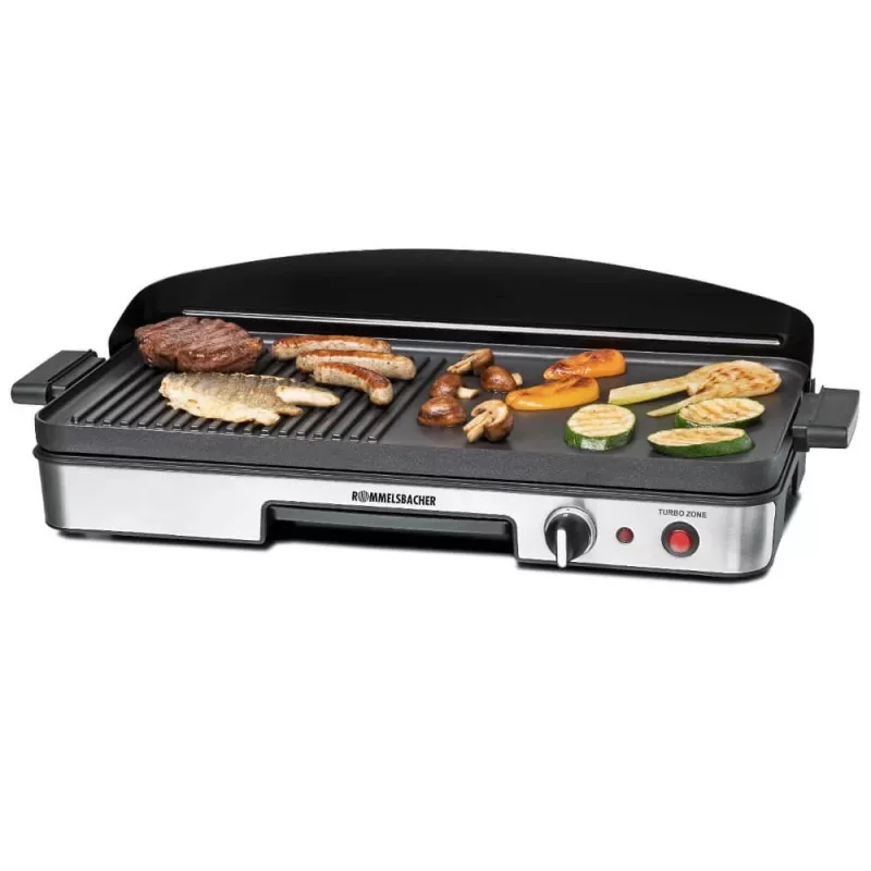 Elektriline lauagrill Rommelsbacher BBQ 2003 — 1900 W, 50×25 cm, sooneline + Teppanyaki, reguleeritav termostaat, hõbedane/must