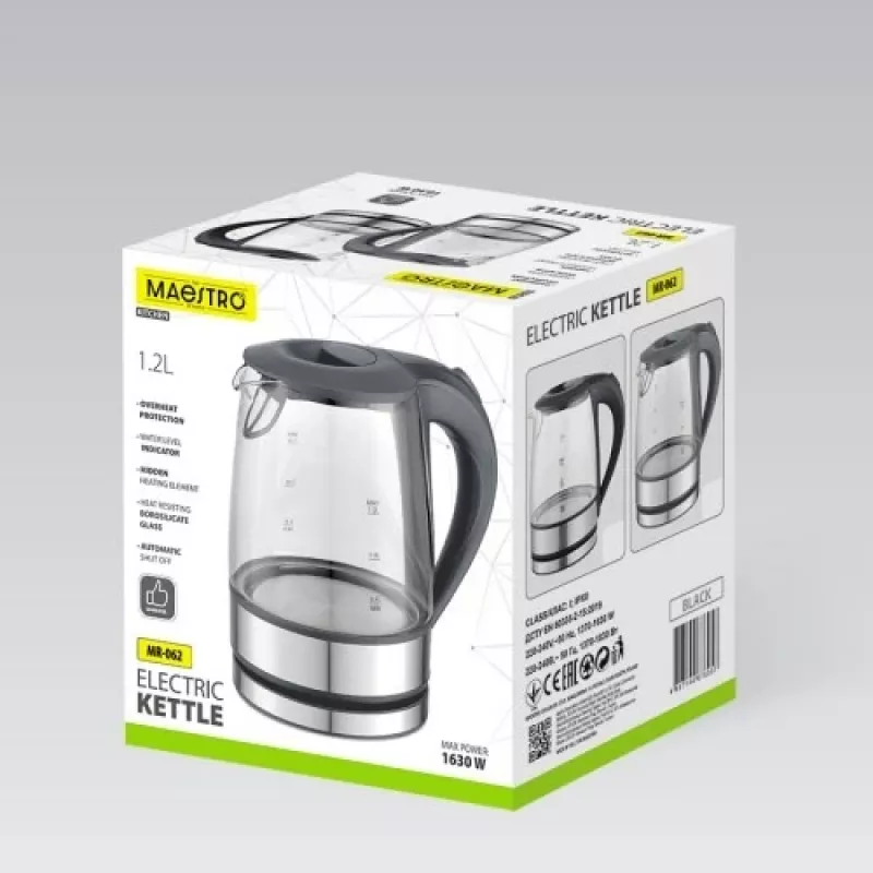Maestro MR-062-BLACK elektriline klaasist veekeetja, 1630 W, 1,2 L