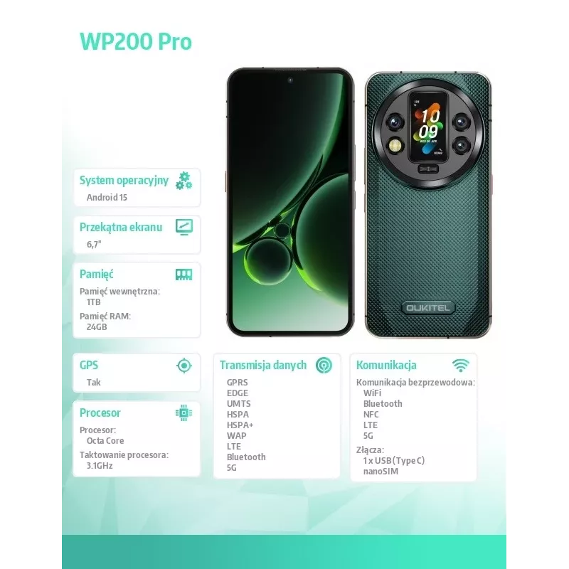 Nutitelefon Oukitel WP200 Pro 5G 6,7-tolline 24GB/1TB Roheline