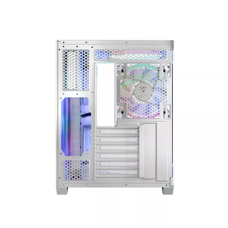 PC korpus MODECOM Volcano Panorama Midi Tower valge — micro ATX, karastatud klaas, ARGB, USB-C, toetab GPU-d 400 mm