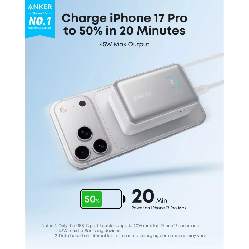 Akupank Anker A1638 10000 mAh, 45 W koguväljundvõimsus, valge, sisseehitatud sissetõmmatav USB-C kaabel