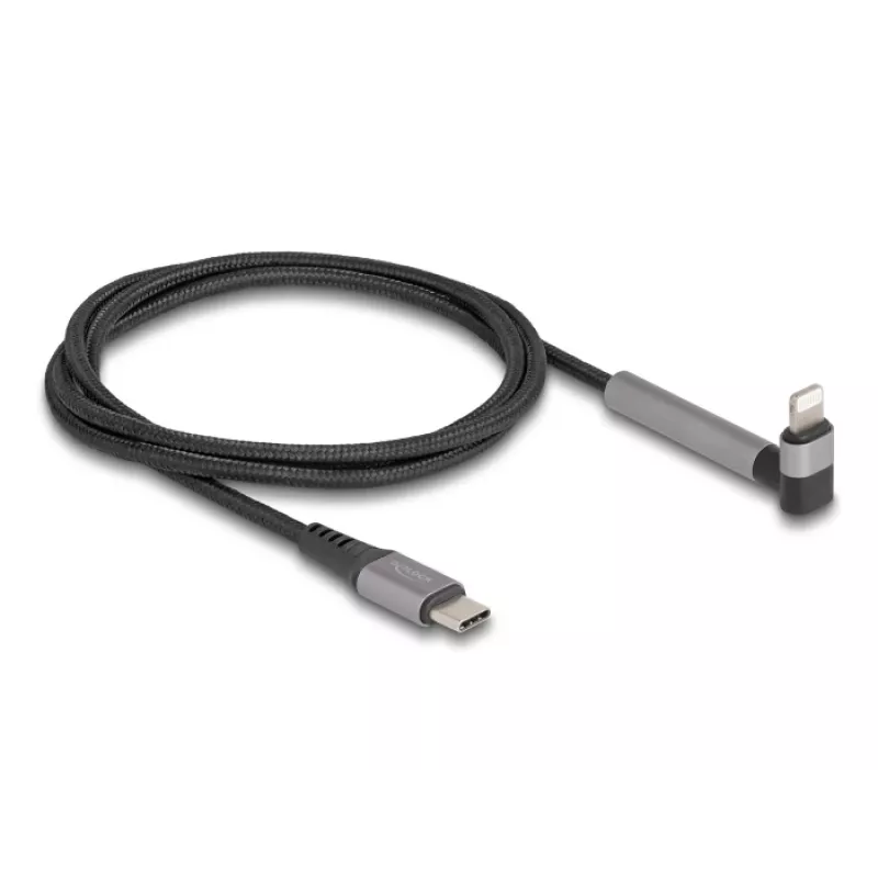 USB USB-C to Lightning laadimis- ja andmekaabel nurgelise pistikuga ja alusfunktsiooniga, DELOCK 1,5 m, 9 V 3 A (MFi)