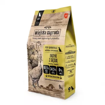Kuiv koeratoit wiejskazagroda Turkey with Goose M 9 kg — täiskasvanud koerte põhisööt, keskmised tõud, 31% valku, 20% rasva, gluteenivaba