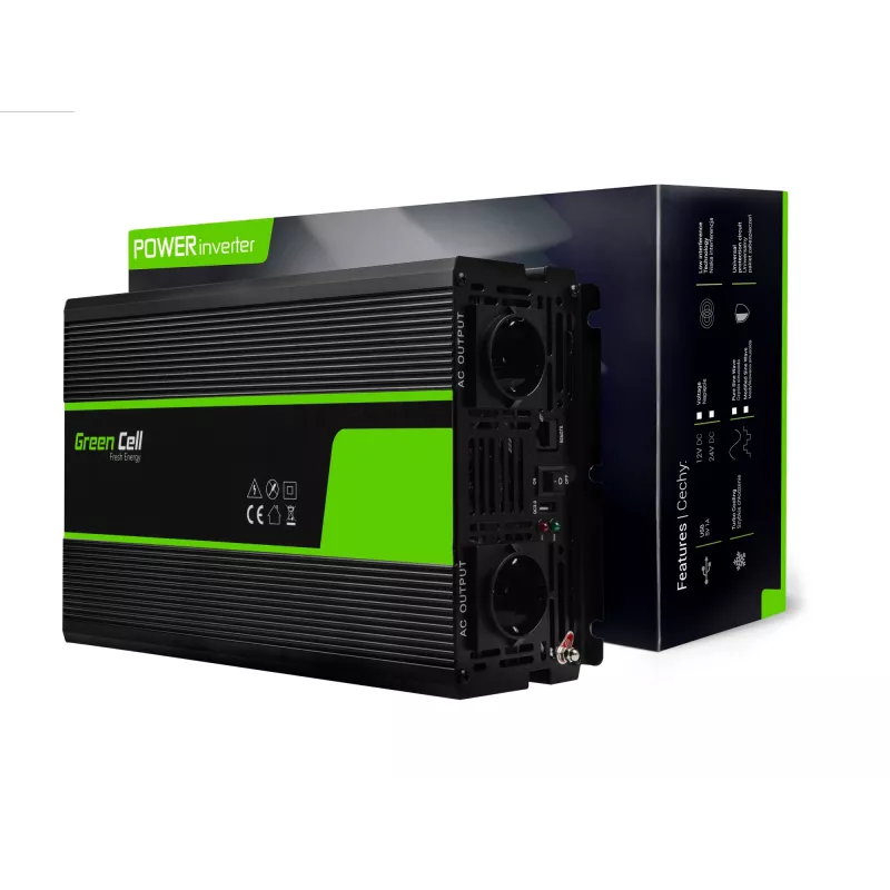 Auto võimsusmuundur roheline Cell INV22 — 1500 W, 12 V alalisvool 230 V vahelduvvooluks, 50 Hz, LED, aktiivne jahutus, must