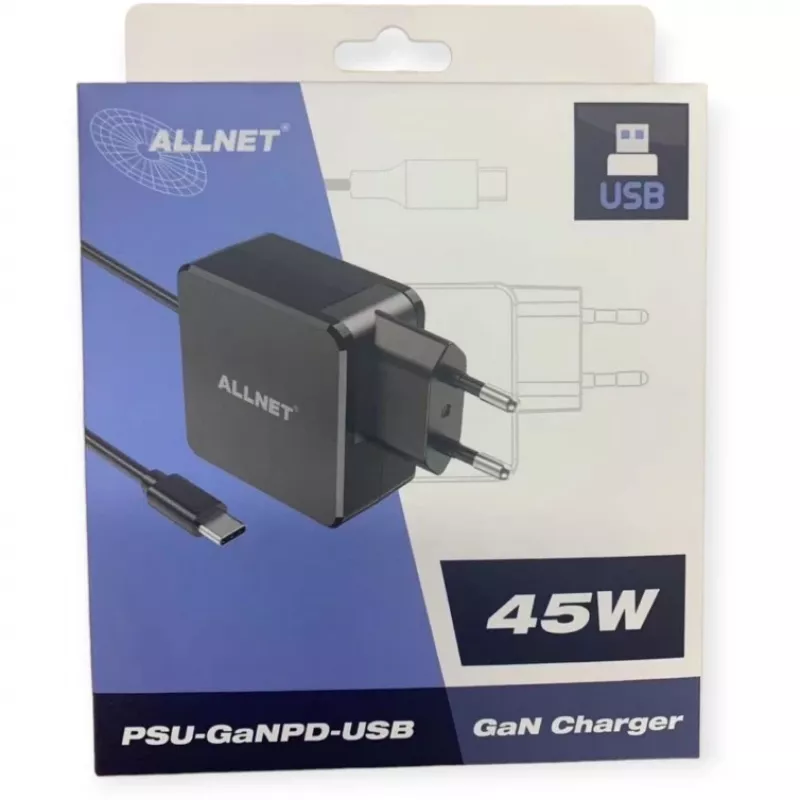 Toiteplokk ALLNET PSU-GaNPD-USB-F1C-45W 45W USB-C PD laadija 2 m kaabli ja EL-pistikuga