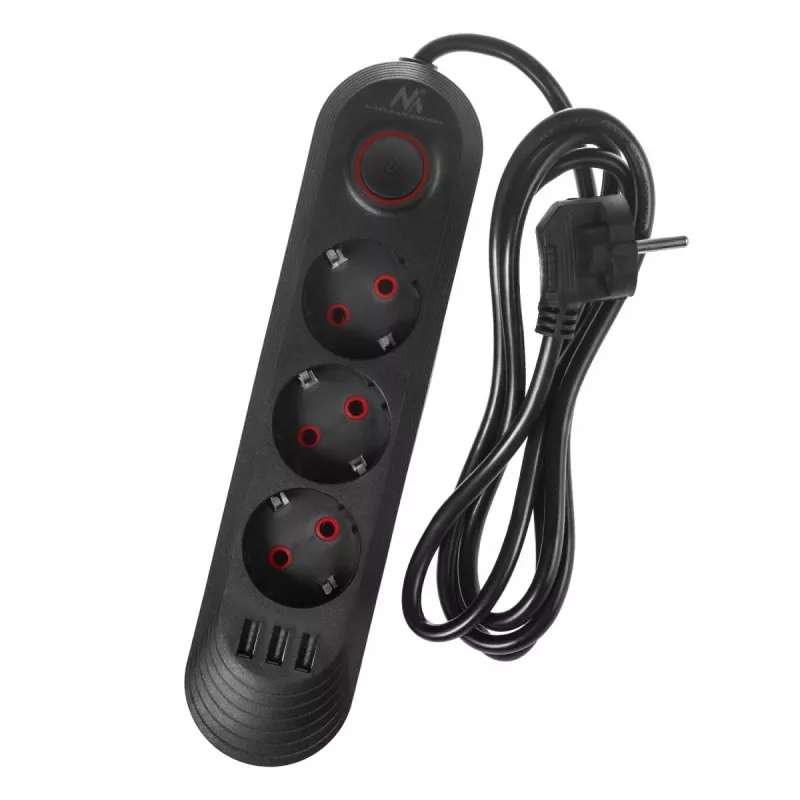 Pikendusjuhe MACLEAN MCE394 B — 3 pistikupesa + 3×USB A, 110–240V, 2,1A USB, 2500W, 1,5 m kaabel, must