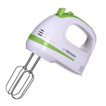 Käsisegisti ESPERANZA EKM011 — 400 W, 5 kiirust, turbo, taignakonksud ja visplid, 220–240 V, valge/heleroheline